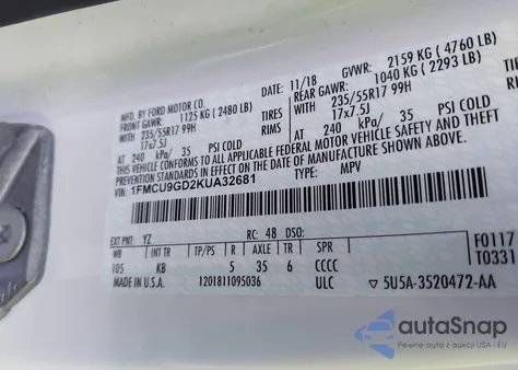 2019 Ford Escape Se z USA, uszkodzony, nr VIN 1FMCU9GD2KUA32681